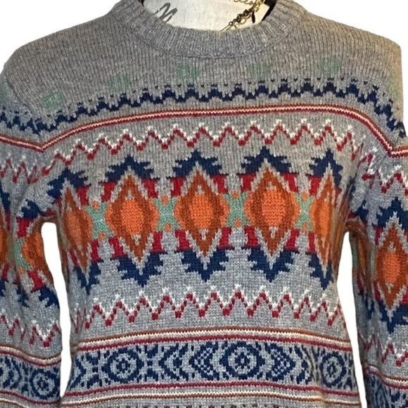 H&M LOGG Sweater Fair Isle Crew Neck Sweater Gray Blue Orange S - Picture 10 of 16